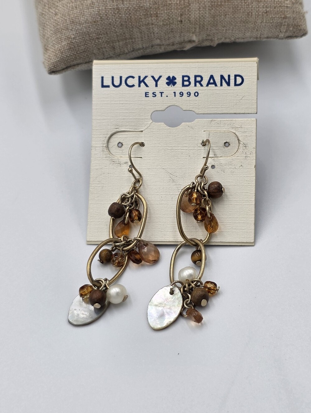 Lucky Brand Gold Tone Mother of Pearl Wood Beadβ Boho Drop Earrings NEW